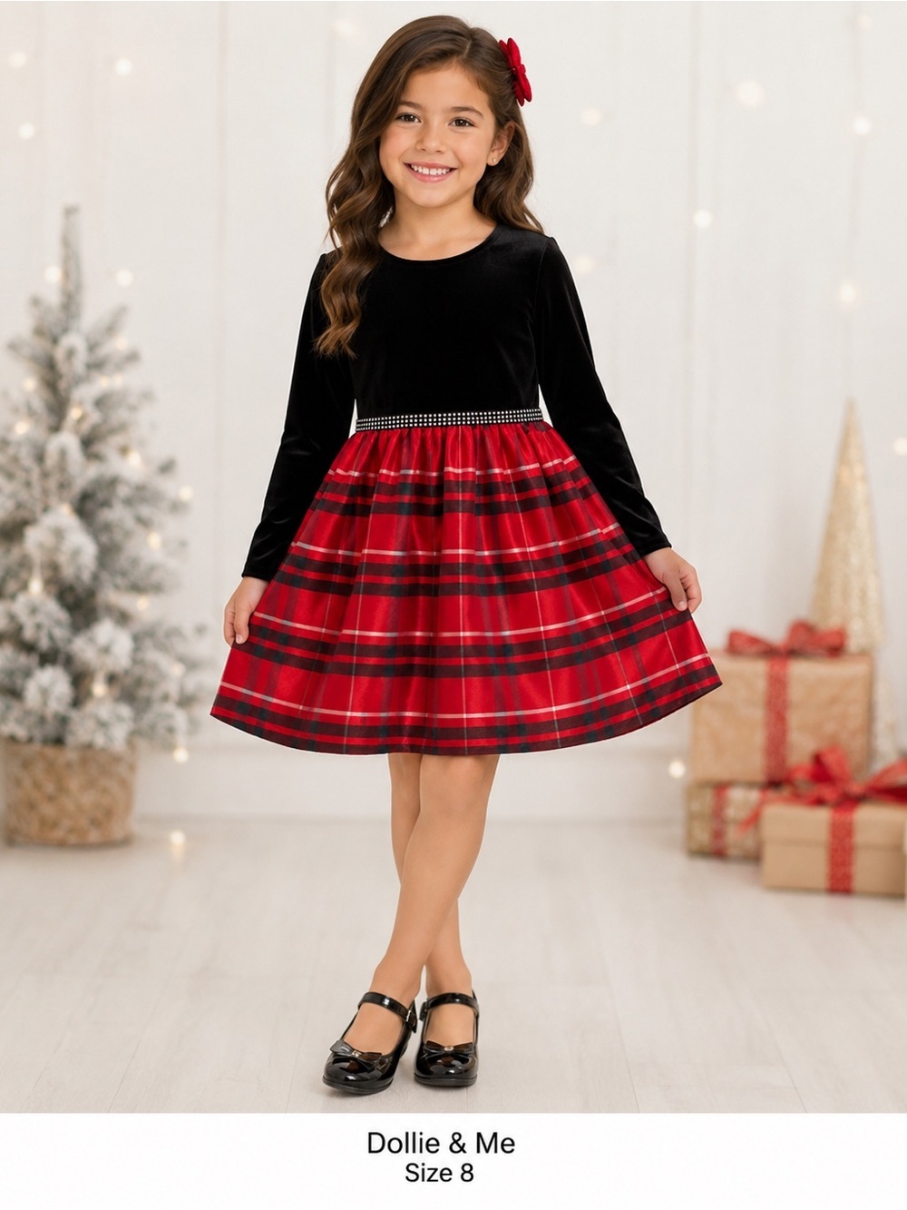 Girls Dollie & Me Holiday Plaid Velvet Dress Size 8 Red Black Party Dress